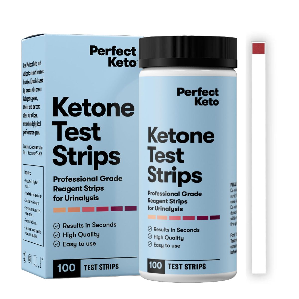 Perfect Keto Ketone Test Strips Kit packaging showing strips and color chart