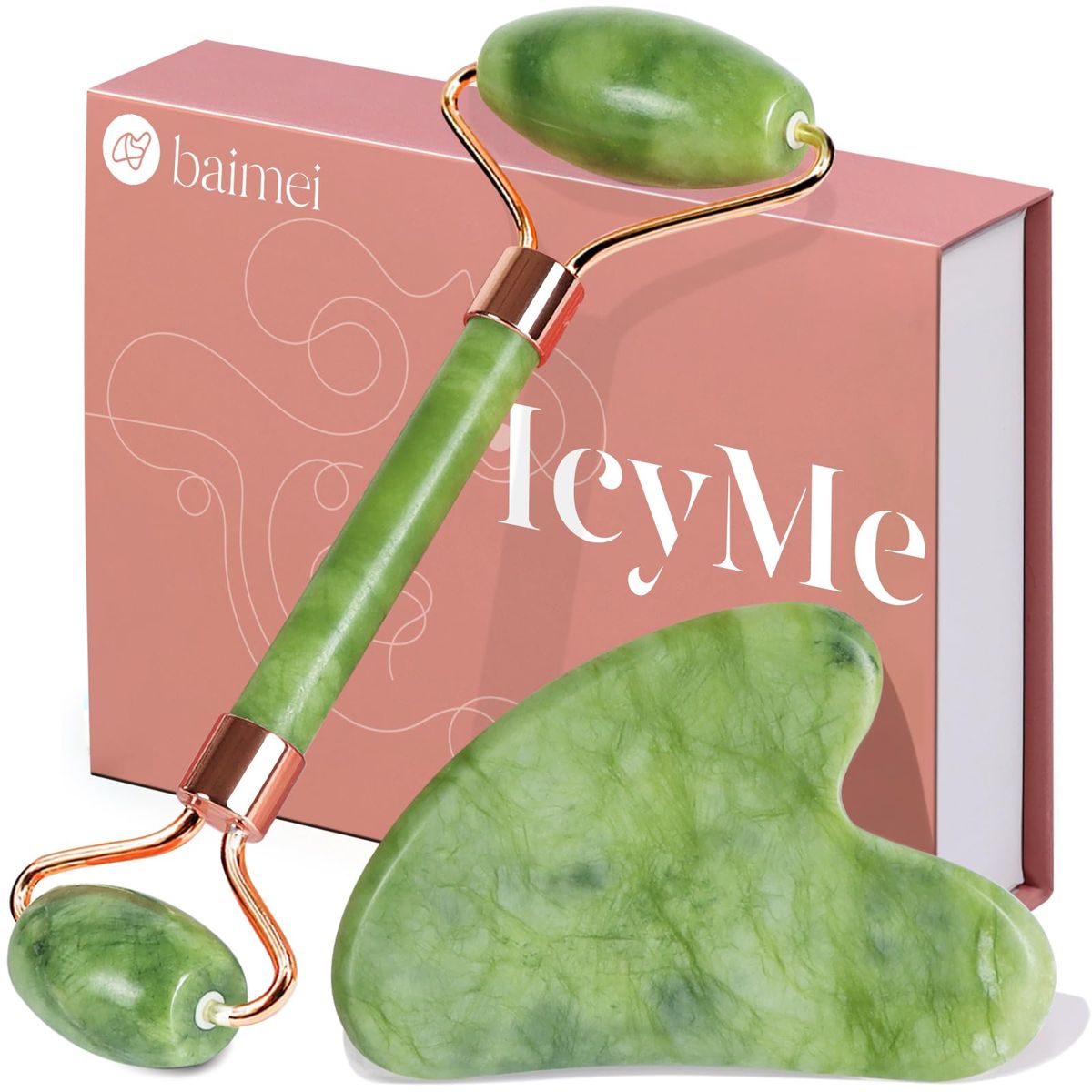 Gua sha and jade roller skincare tools on a counter | Mubboo