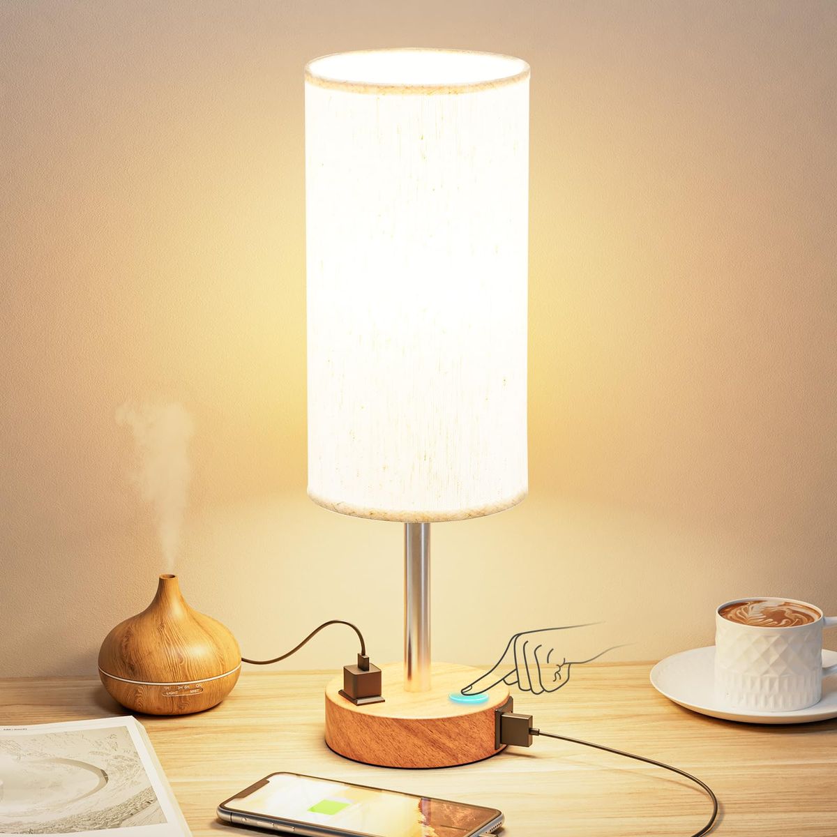 Fenmzee bedside table lamp with wood base and fabric shade