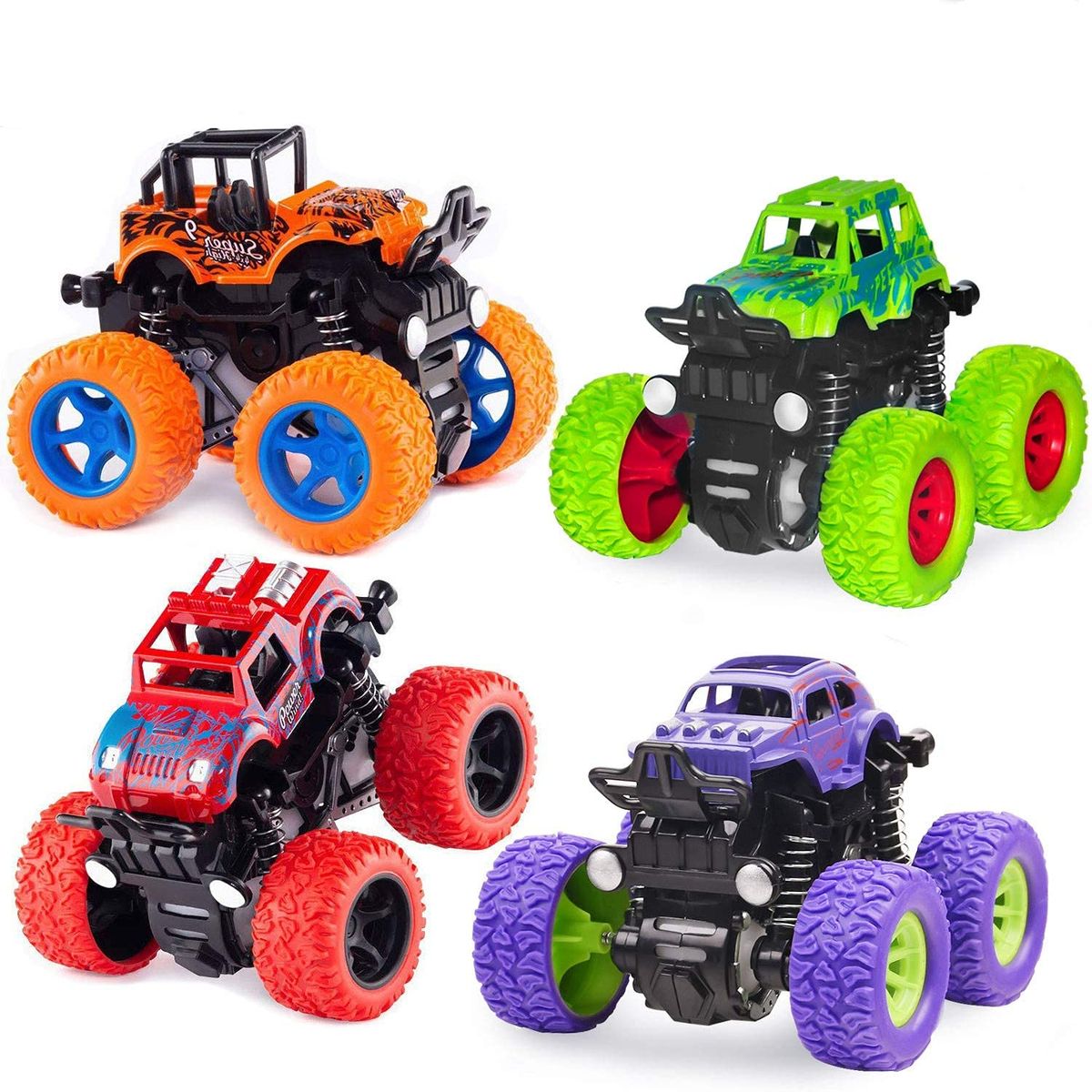 Four colorful monster truck toys for toddlers, friction-powered push-and-go vehicles