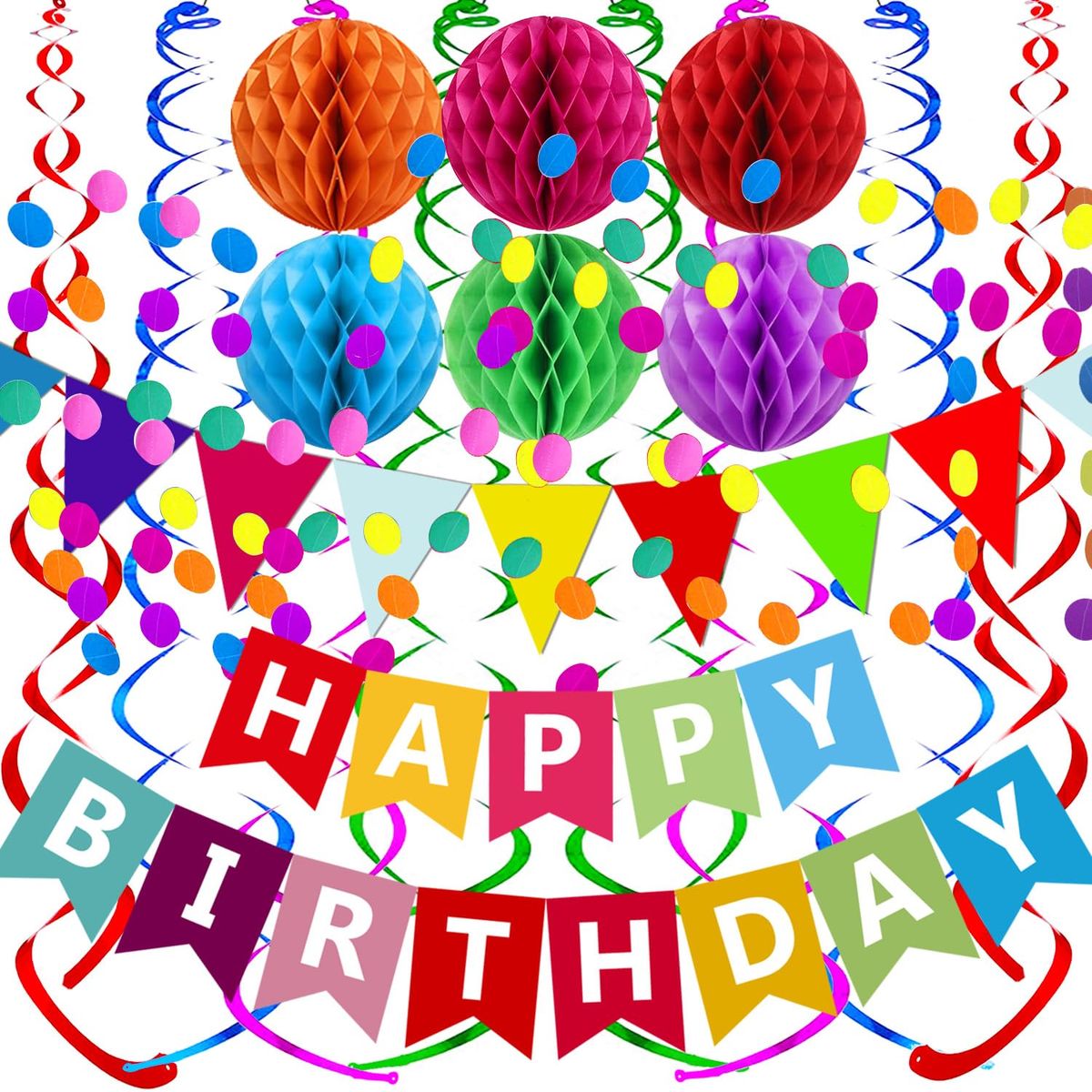 Fecedy Happy Birthday Banner with colorful paper flag bunting, confetti garland, swirl streamers, and honeycomb balls