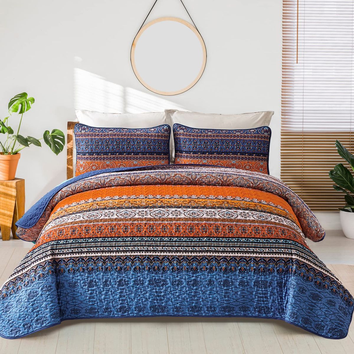 WONGS BEDDING Boho Fall Quilt King Size bedspread in blue and orange boho pattern