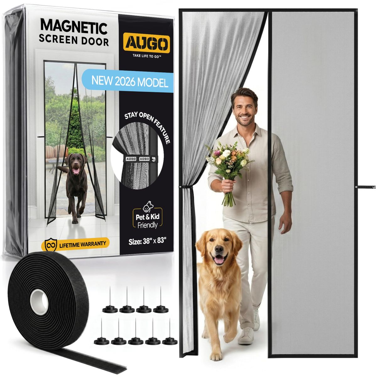 AUGO Magnetic Screen Door displayed on a door with a golden retriever walking through