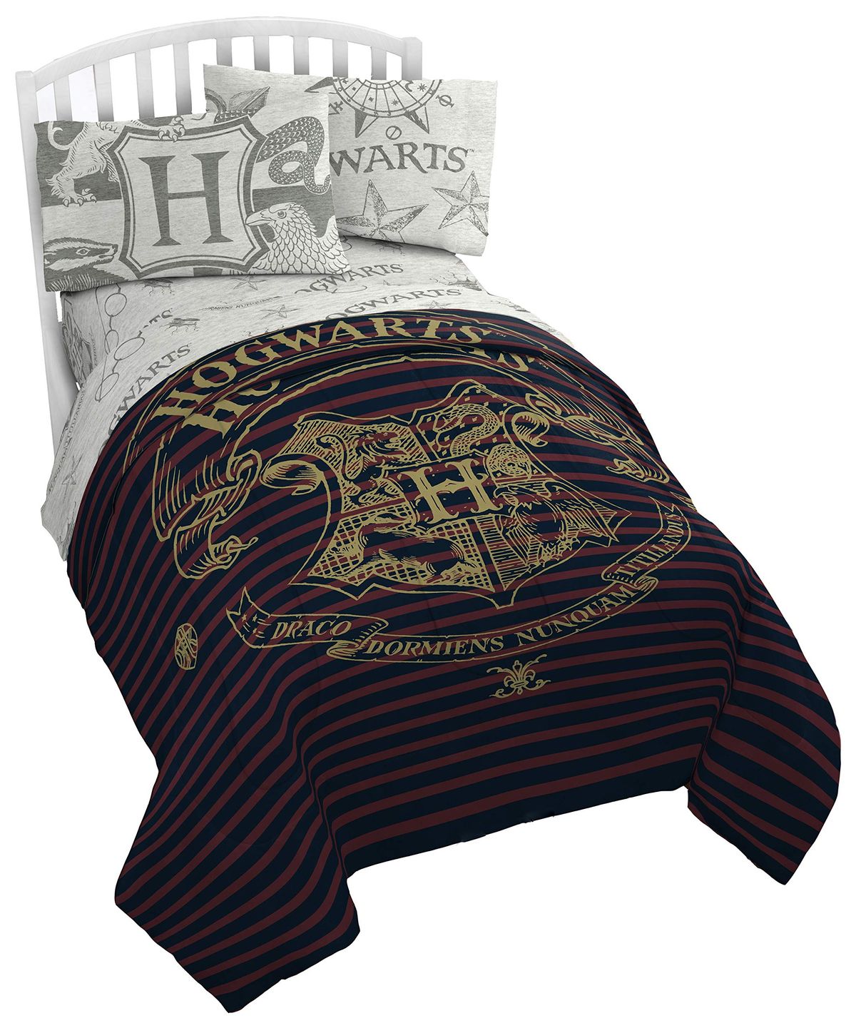 Jay Franco Harry Potter Spellbound 4 Piece Twin Bed Set on a bed with decorative pillows