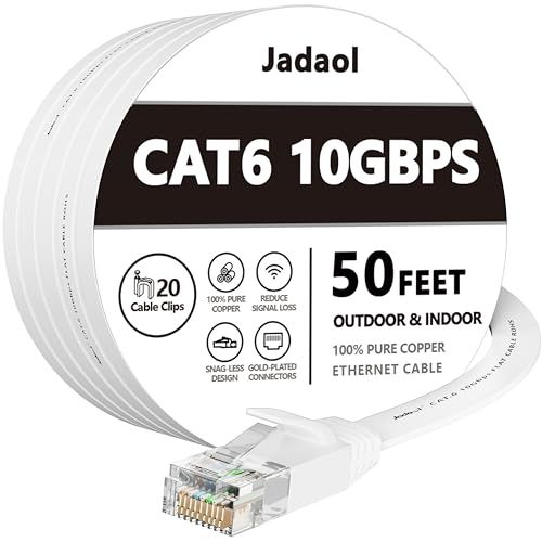 Jadaol Cat 6 Ethernet Cable 50 ft white flat cable