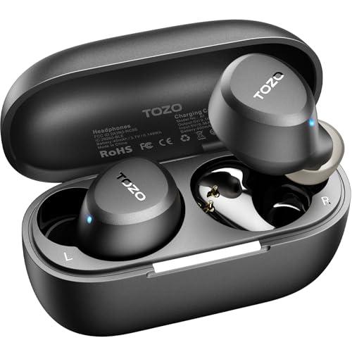 TOZO A1 wireless earbuds with charging case on neutral background