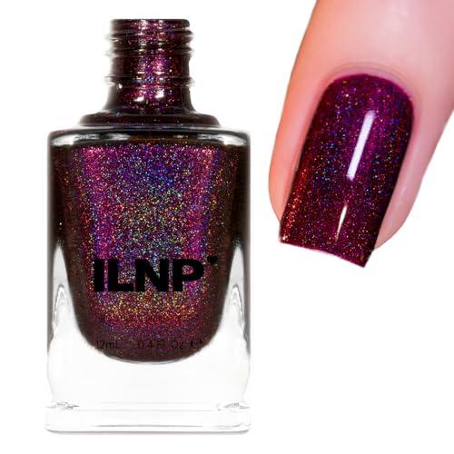 ILNP Black Orchid deep burgundy holographic nail polish bottle on white background