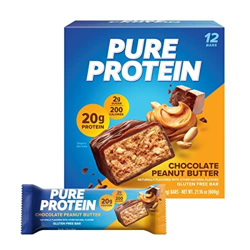 Pure Protein Chocolate Peanut Butter protein bar on white background