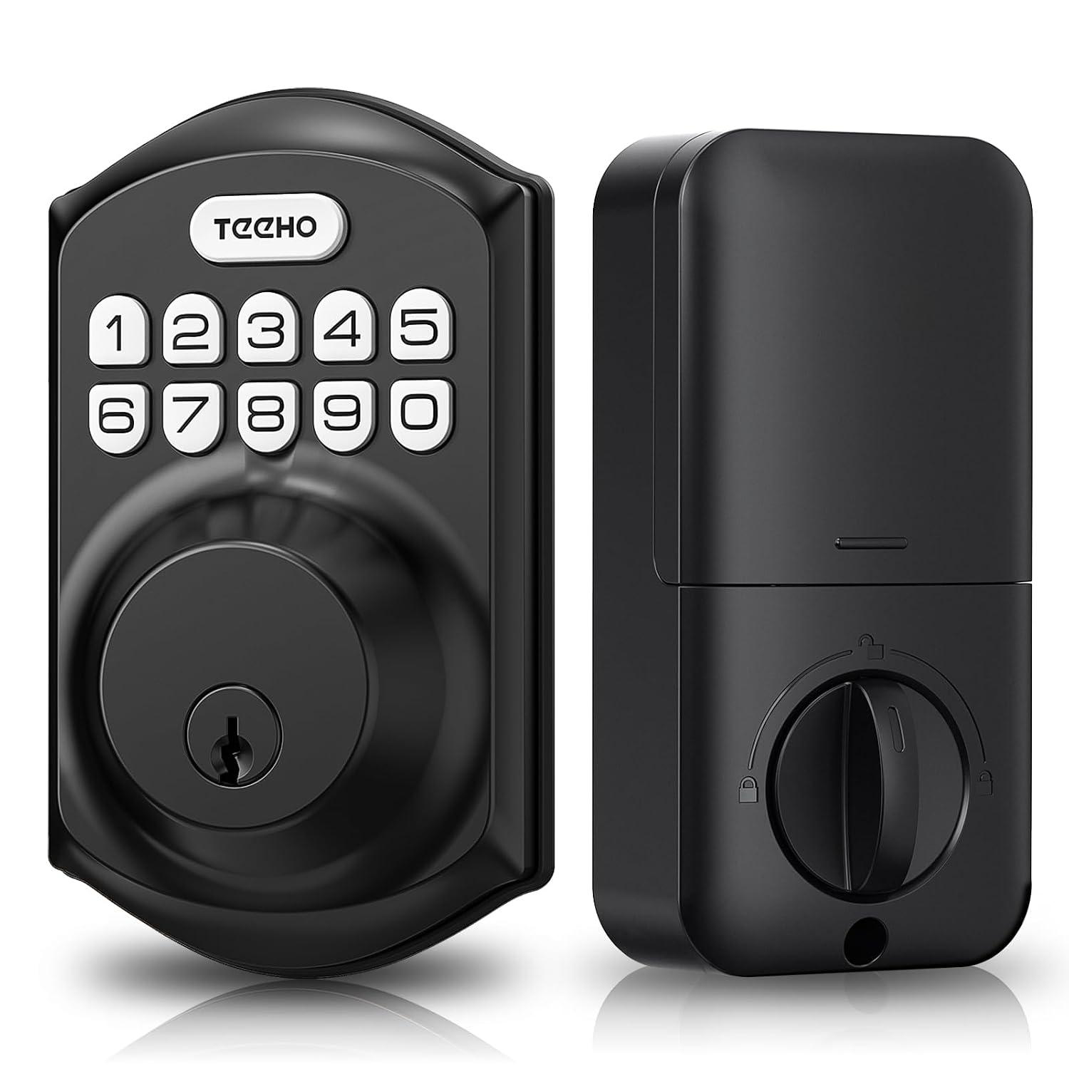 TEEHO TE001 keyless entry keypad deadbolt smart lock in matte black installed on front door