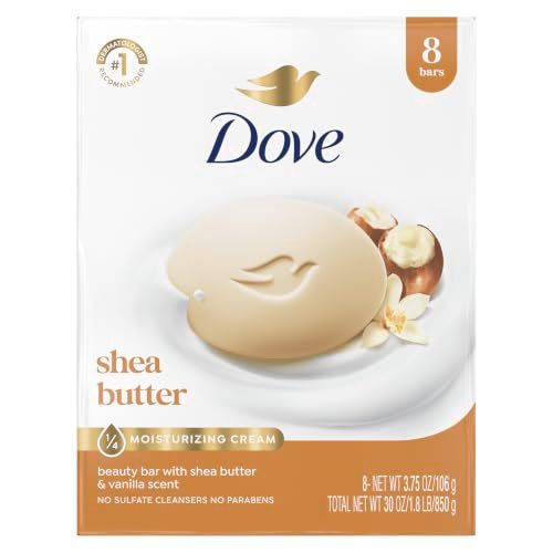 Dove Shea Butter Beauty Bar pack of 8 with moisturizing cream, shown on bathroom counter | Mubboo