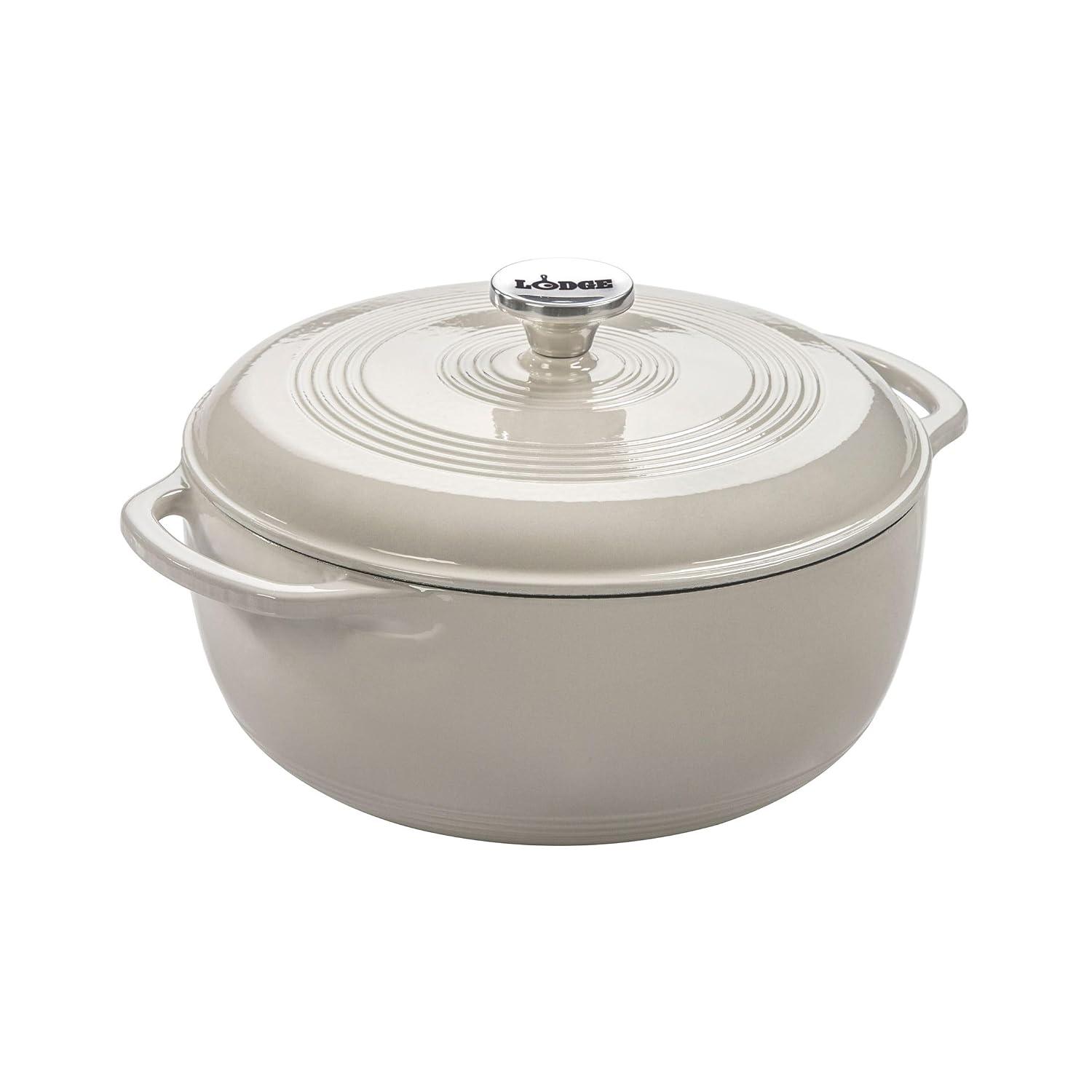 Lodge Essential Enamel Cast Iron Dutch Oven 6-quart in Oyster White on kitchen countertop