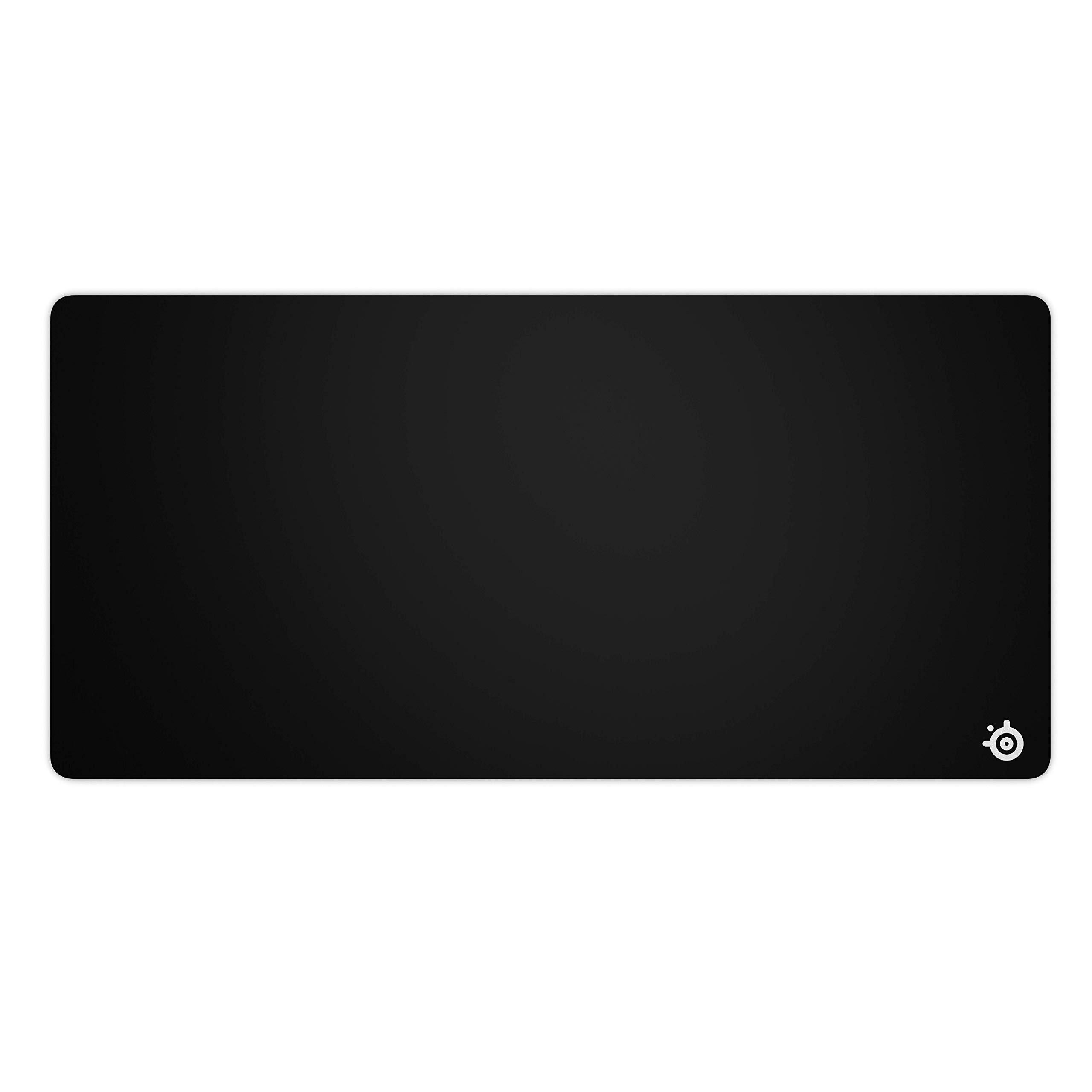 SteelSeries QcK Medium gaming mouse pad on desk with non-slip rubber base visible
