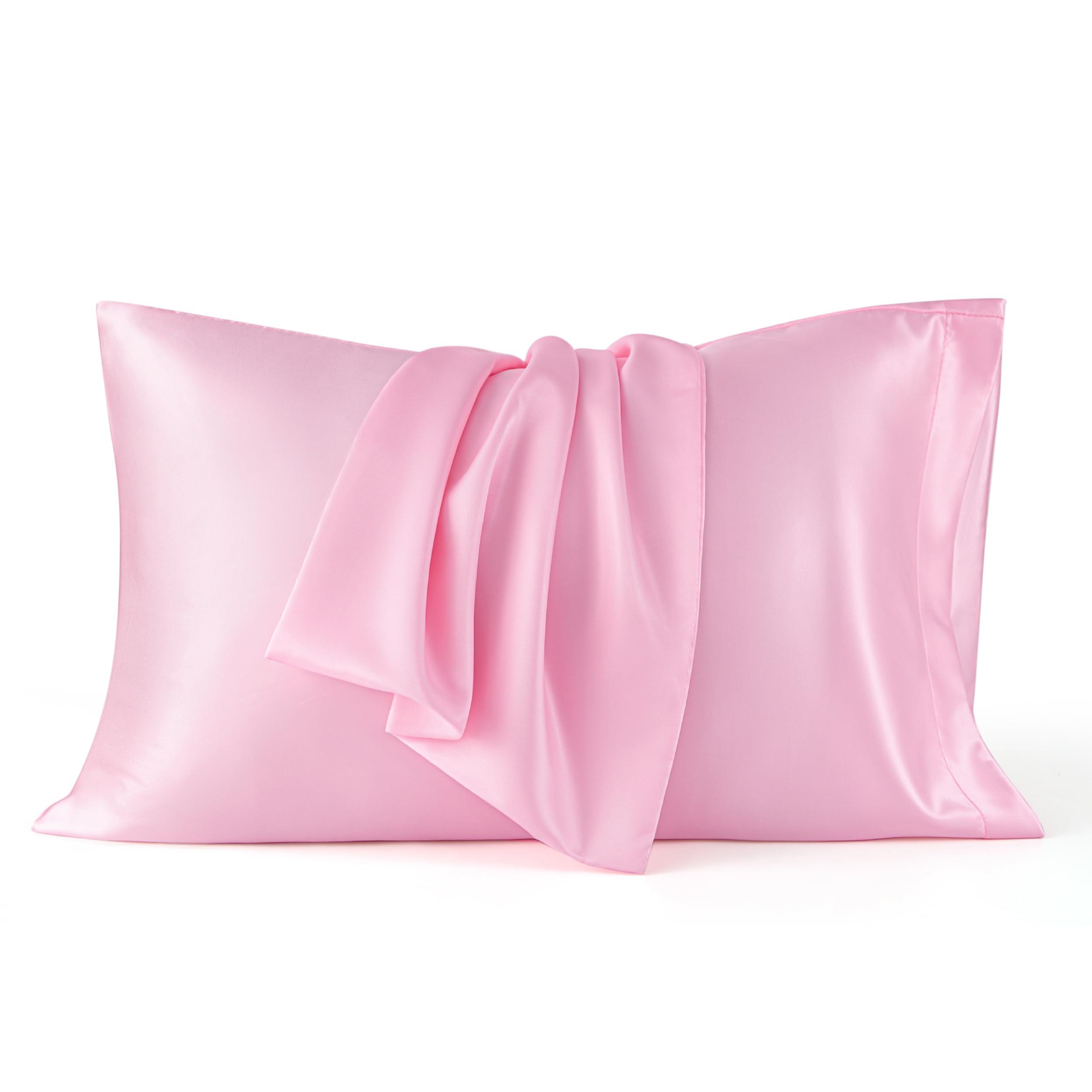 Bedsure Satin Pillowcase set of 2 in pink with envelope closure on a white bed