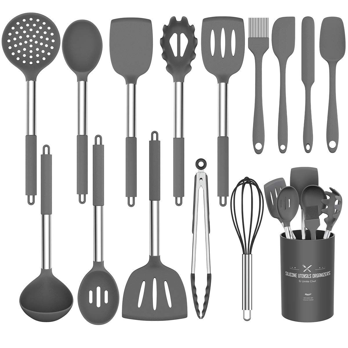 Umite Chef 15-piece stainless steel cooking utensil set with gray silicone heads