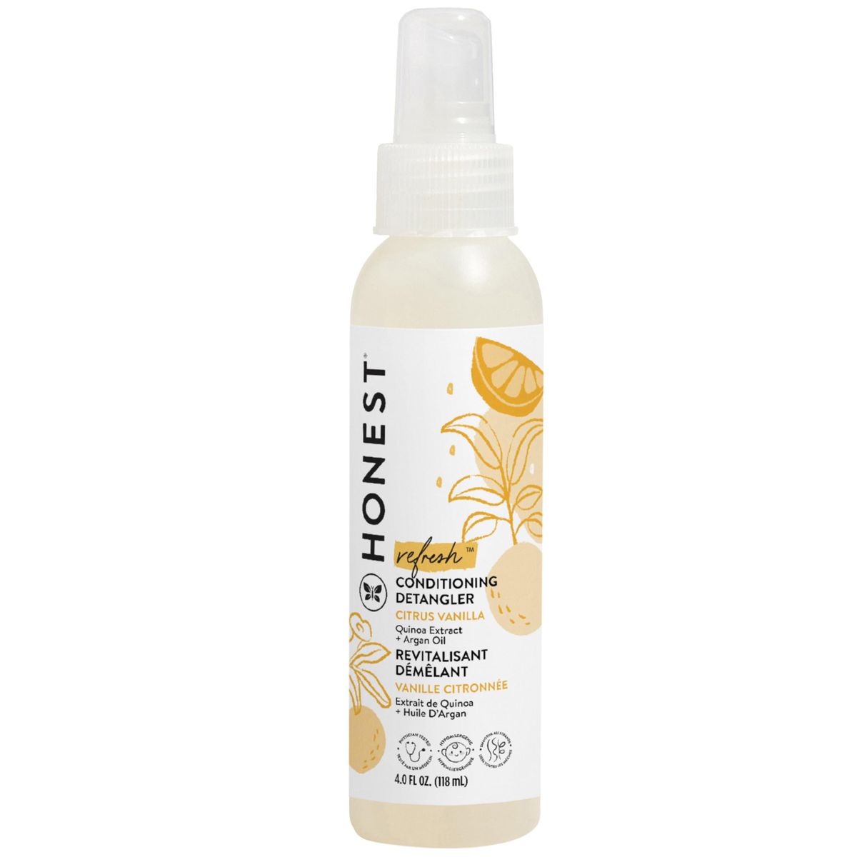 The Honest Company Conditioning Hair Detangler spray bottle on a bright background