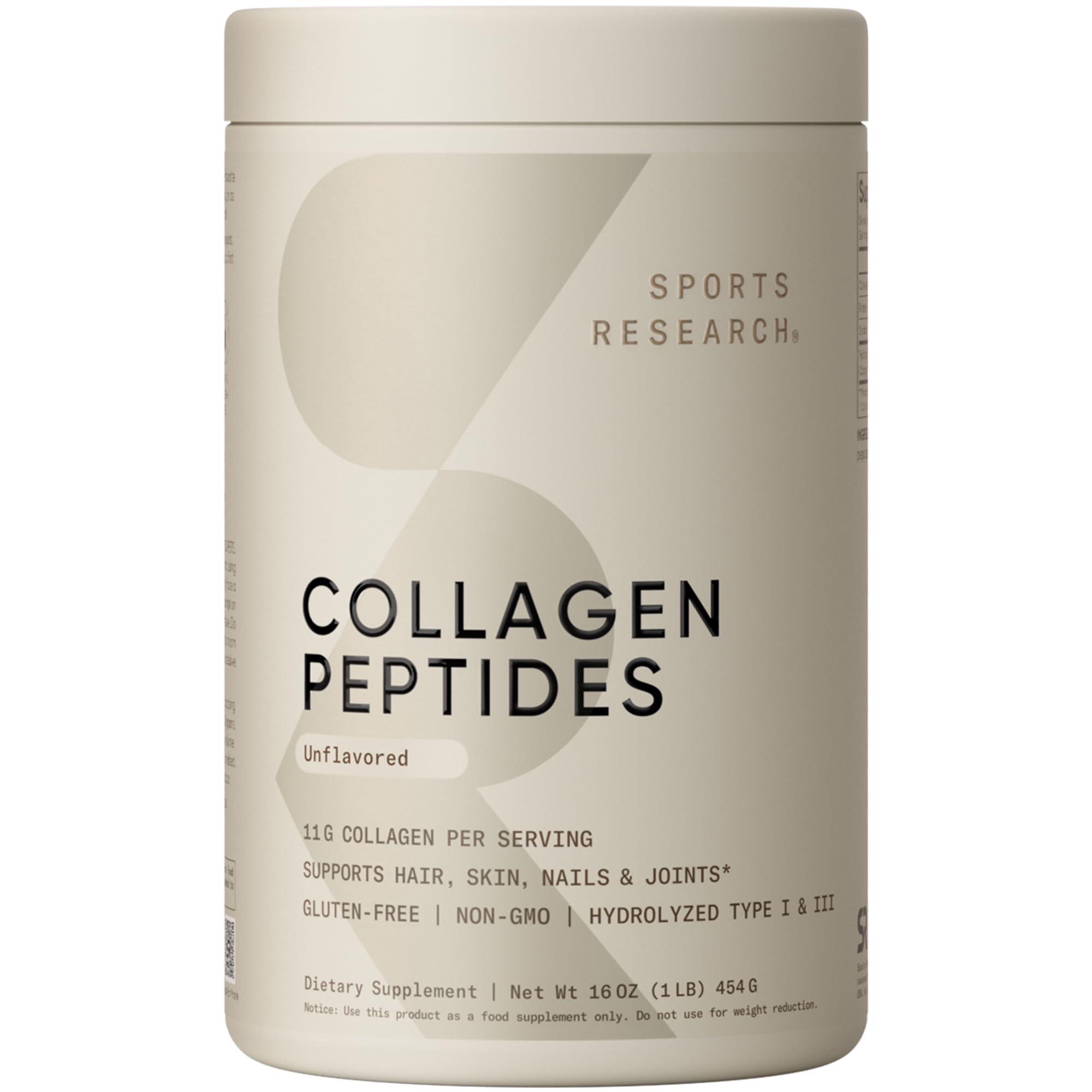 Sports Research Collagen Peptides Powder tub against white background showing keto and paleo certifications
