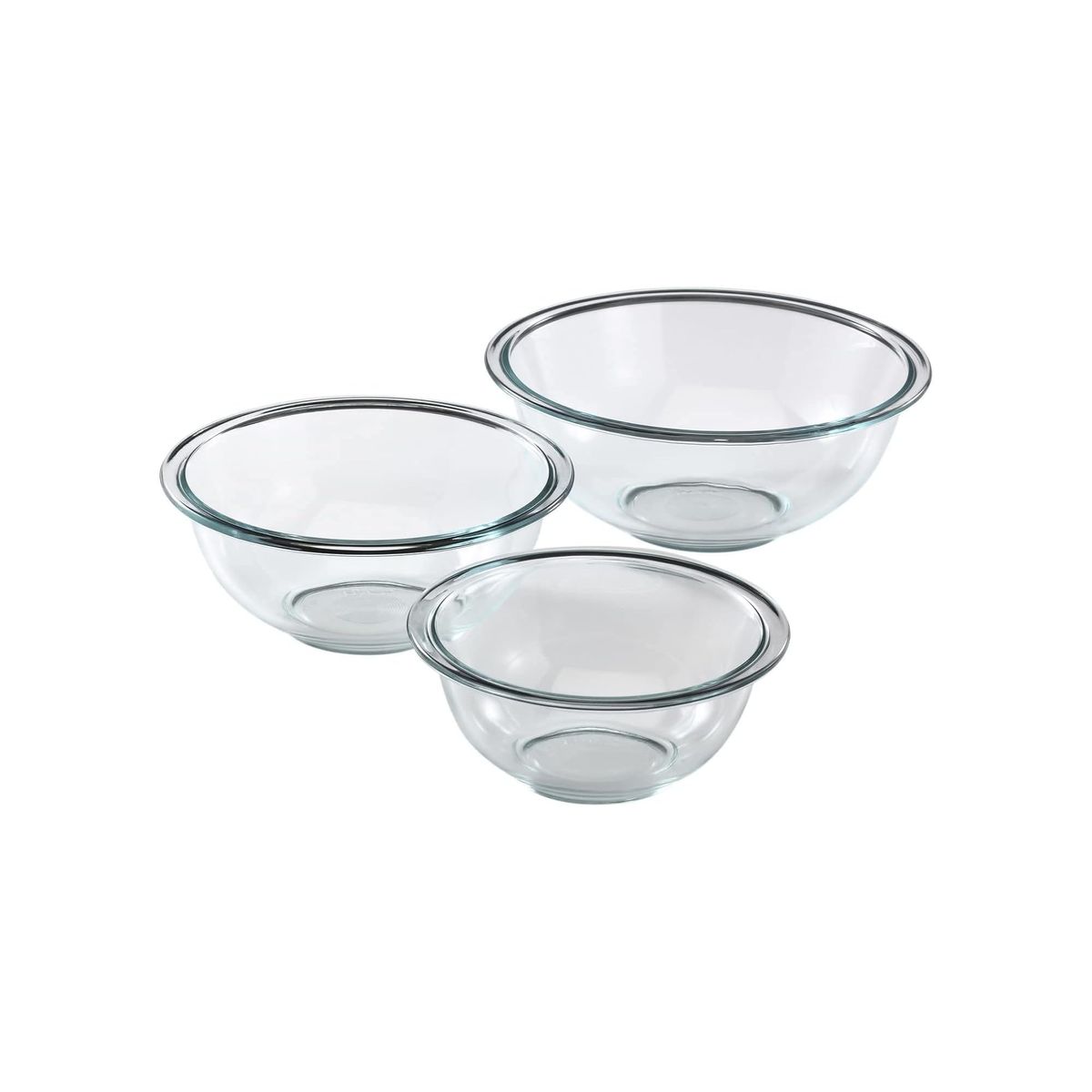 Pyrex 3-piece glass mixing bowl set, clear bowls in nested arrangement