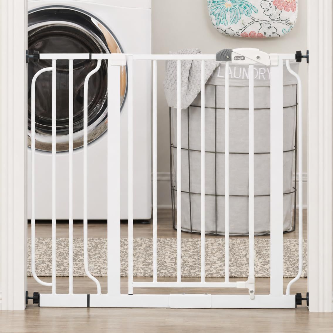 Regalo Safety 29-38.5" Baby Gate in white, pressure mounted in a doorway | Mubboo