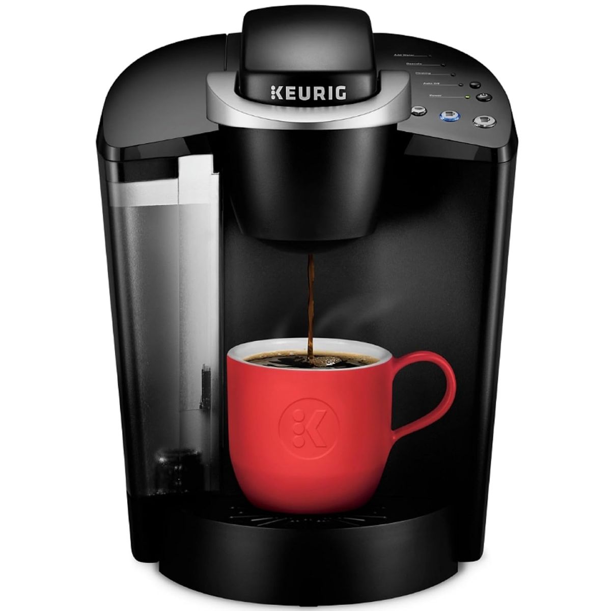 Keurig K-Classic single serve coffee maker in black on a kitchen counter