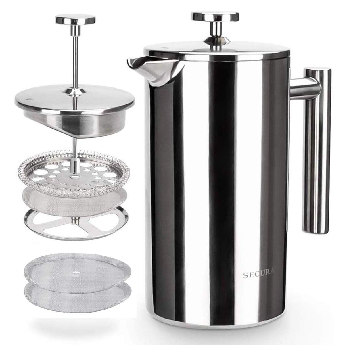 Secura French Press Coffee Maker, 304 Grade Stainless Steel Insulated Coffee Press with 2 Extra Screens, 34oz