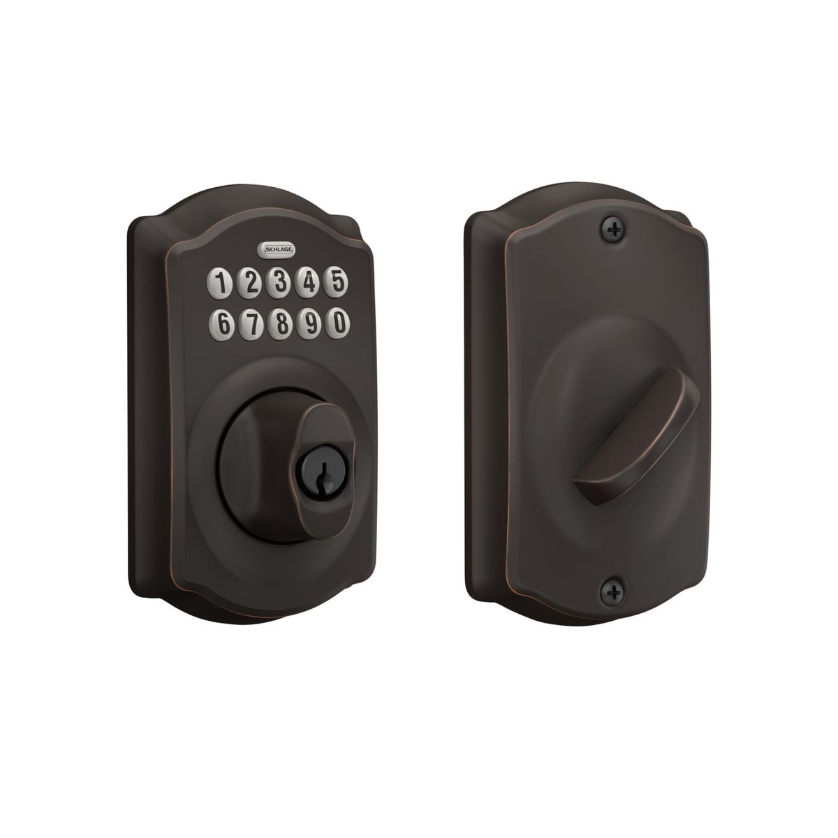 Schlage Camelot electronic keypad deadbolt in Aged Bronze finish