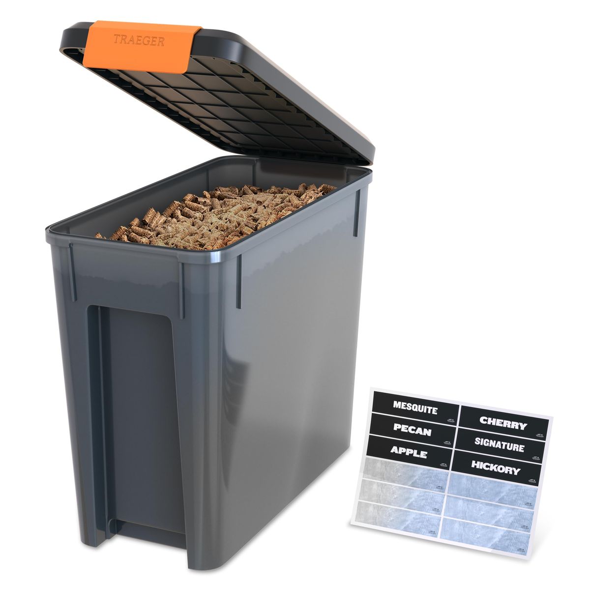 Traeger Stay Dry Pellet Bin with locking lid and flavor stickers