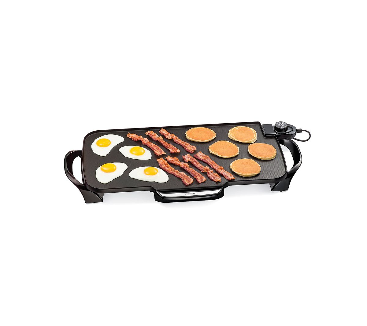 Presto 22-inch electric griddle with removable handles on a black background