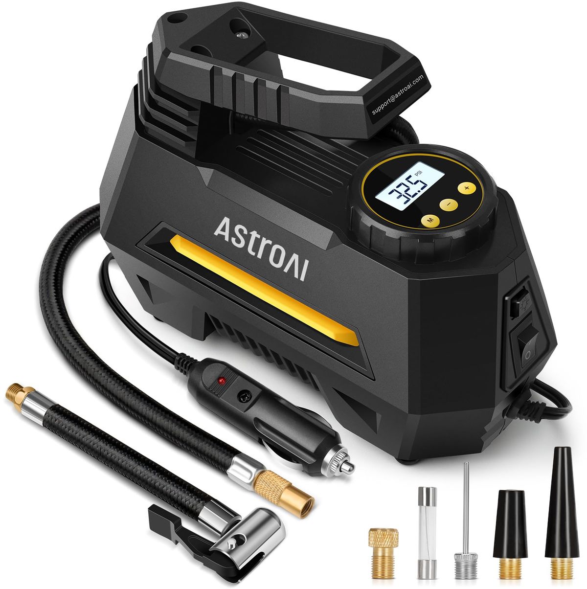 AstroAI AIRUN H portable tire inflator next to DEWALT DCC020IB inflator on a workbench