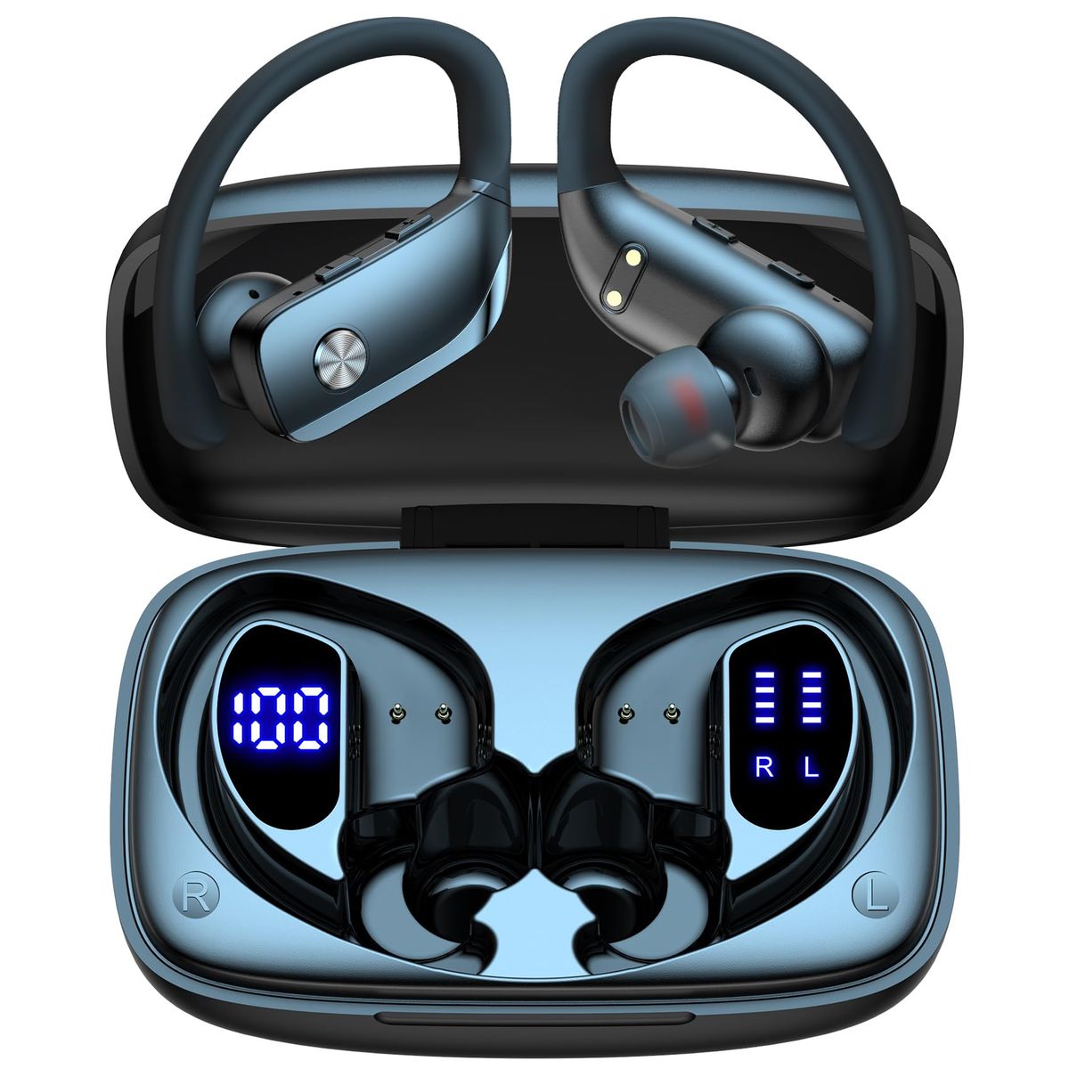 bmani T16 wireless earbuds with over-ear hooks on a dark surface