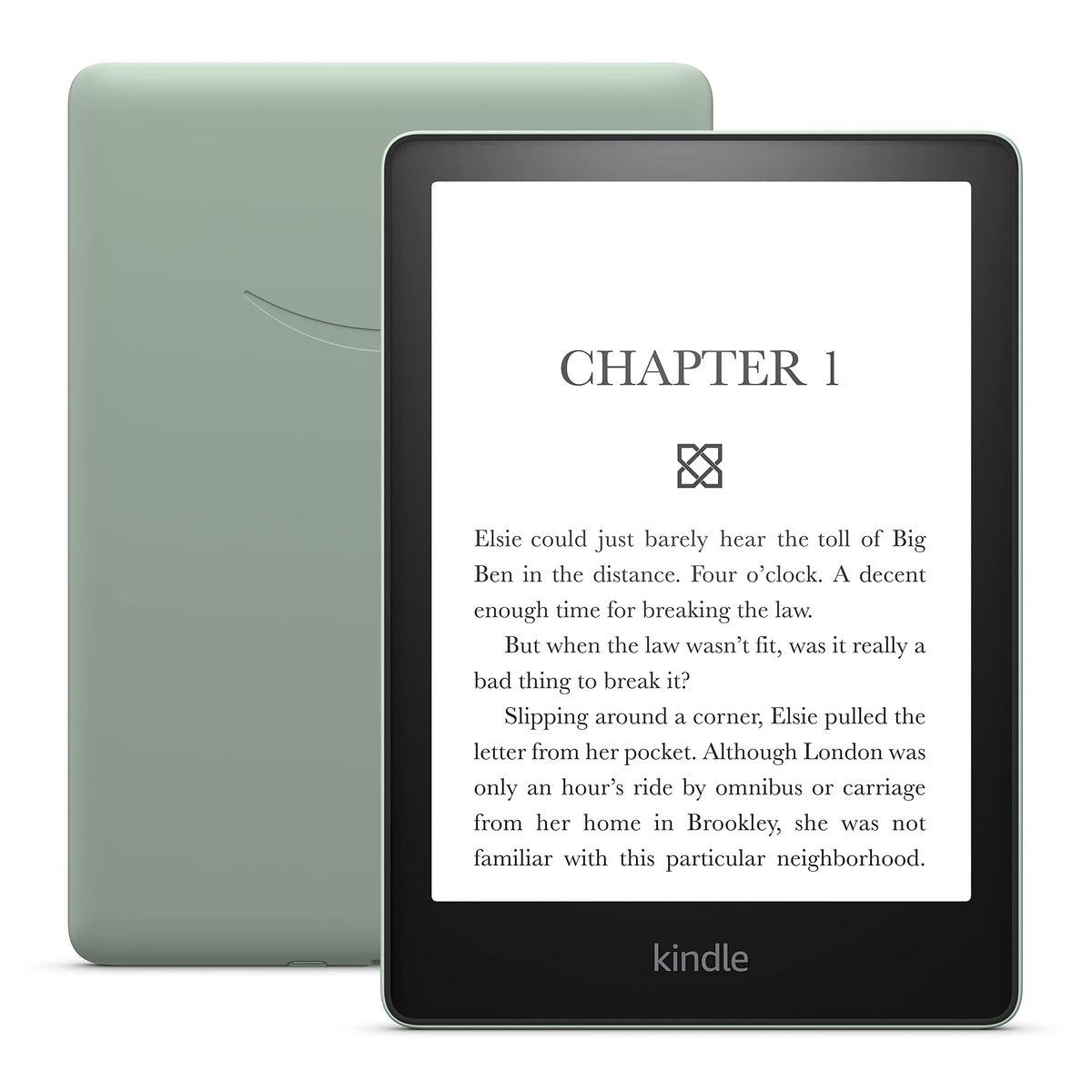 Amazon Kindle Paperwhite 16 GB in Agave Green showing book cover