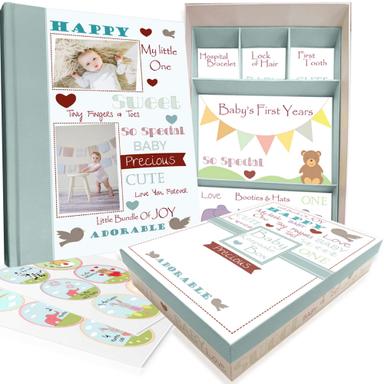 Baby Memory Book w/Keepsake Box & 30 Monthly & Baby First Milestone Stickers - Gender Neutral First Year Scrapbook Journal - Baby Photo Album for Boys | Mubboo