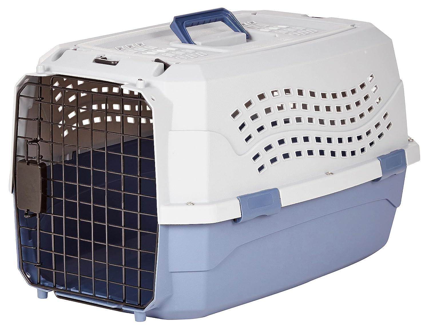 Amazon Basics Hard-Sided Carrier with top and front doors, gray and blue