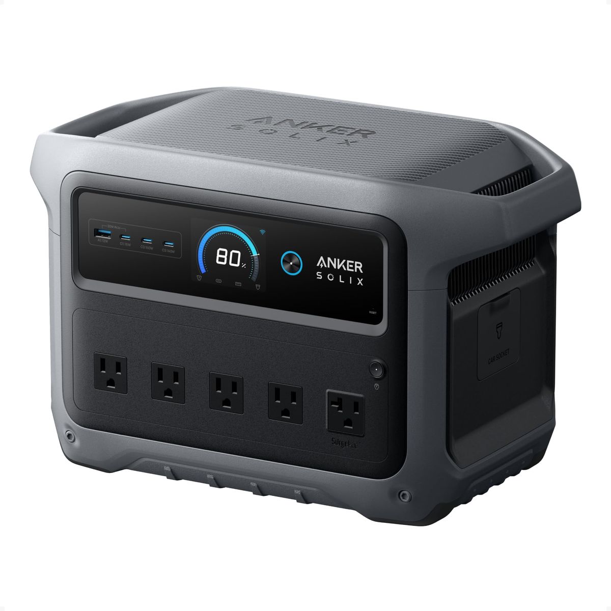 Anker SOLIX C1000 Gen 2 portable power station with foldable handle, LCD display, and nine ports visible | Mubboo