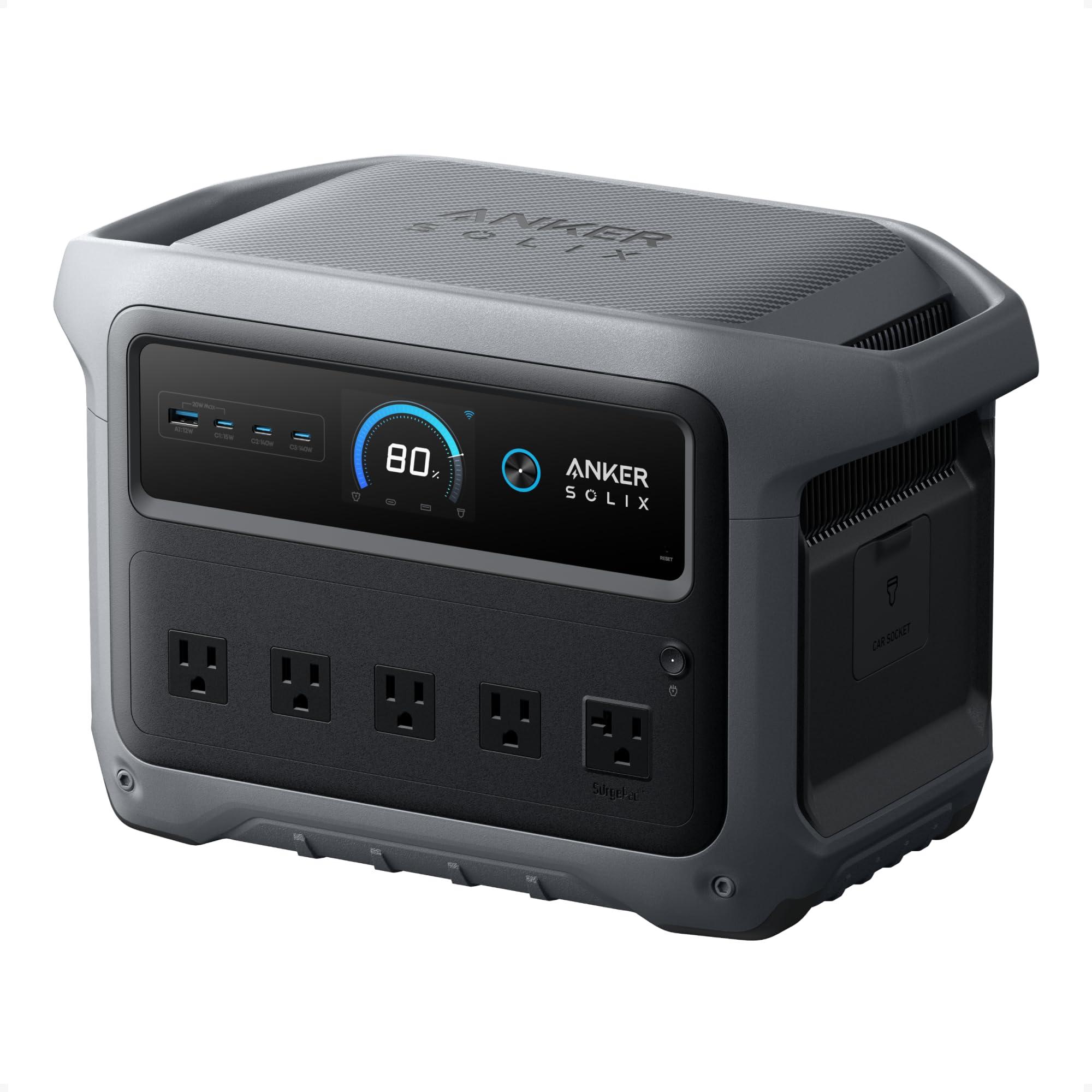 Anker SOLIX C1000 Gen 2 portable power station with foldable handle, LCD display, and nine ports visible