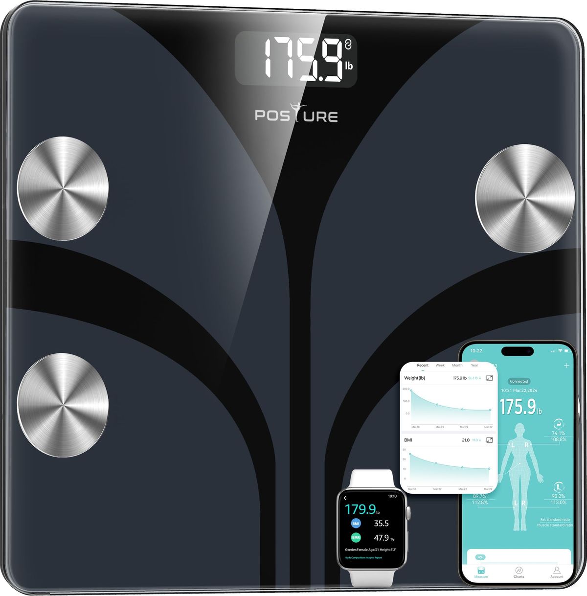 Posture Scale for Body Weight, showing digital display with body composition metrics