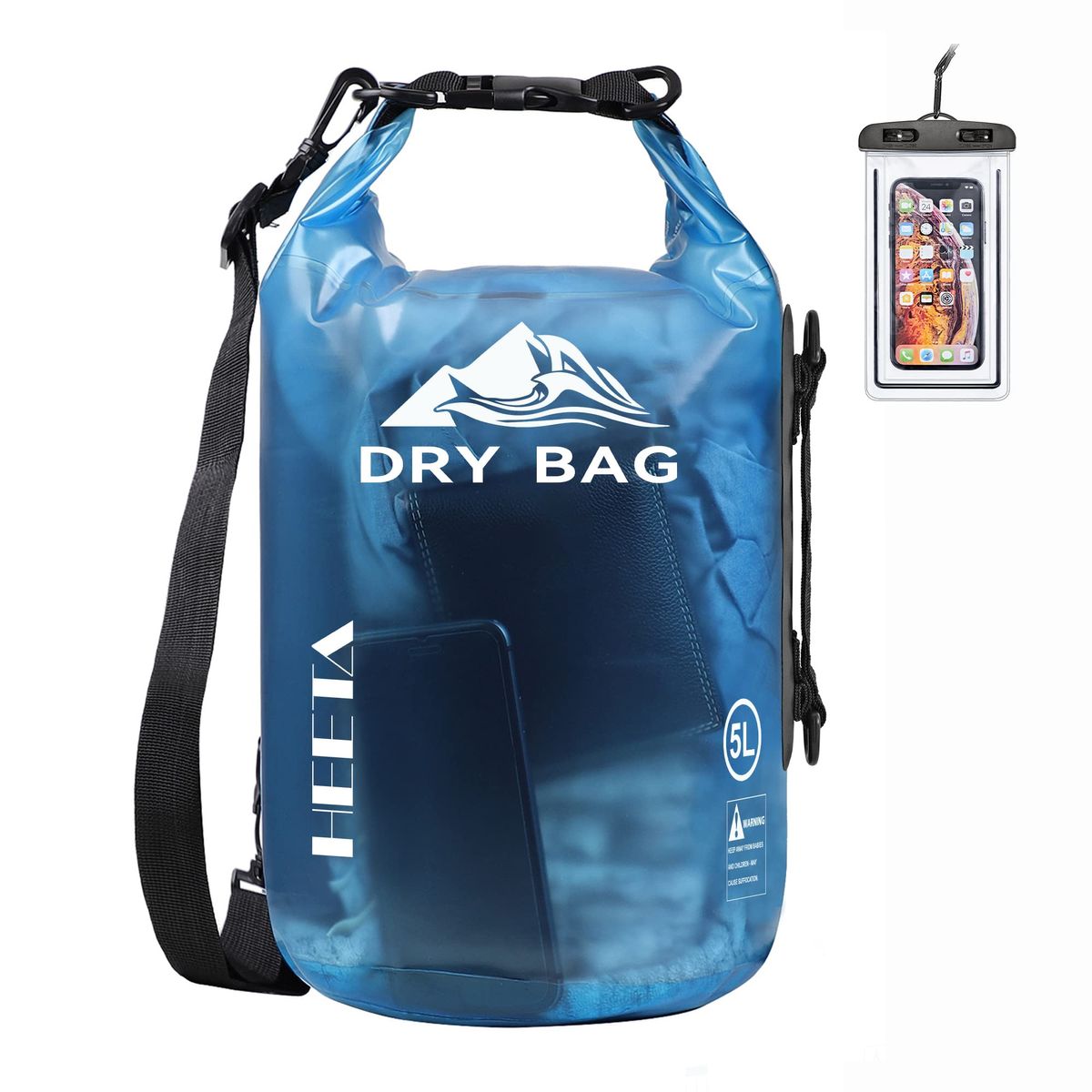 HEETA Waterproof Dry Bag in transparent blue, roll-top closure with included phone case