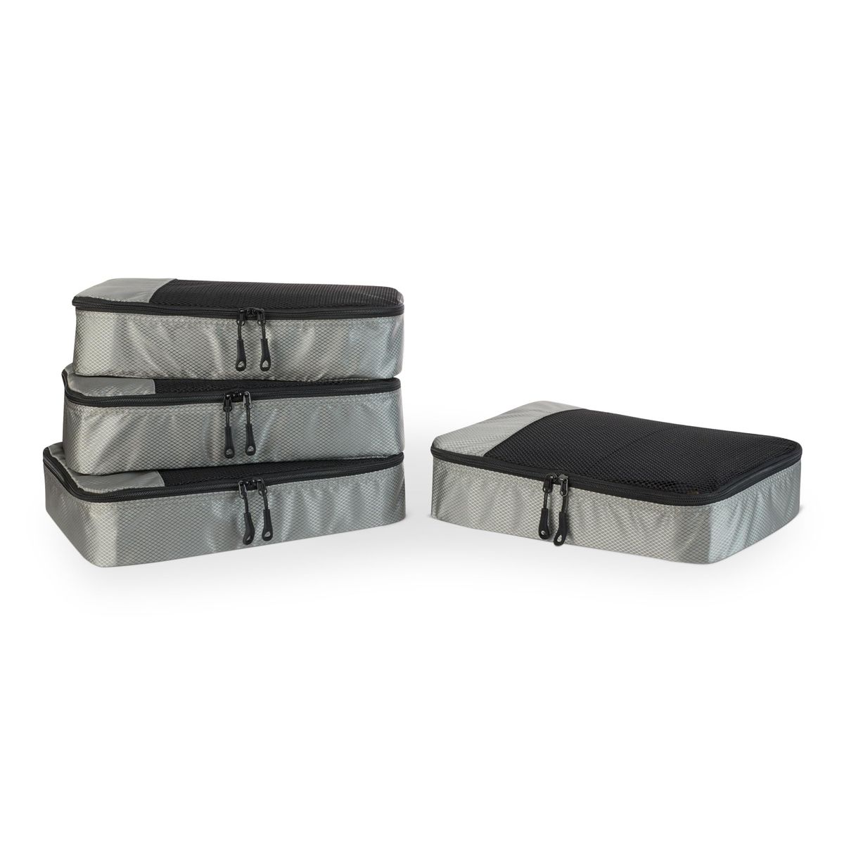 Amazon Essentials 4-Piece Packing Cubes set in gray, mesh top panel visible