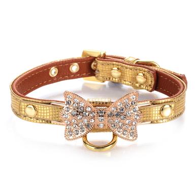 LOVPE Gold Bling Diamond Glitter Leather Fashion Collar, XS