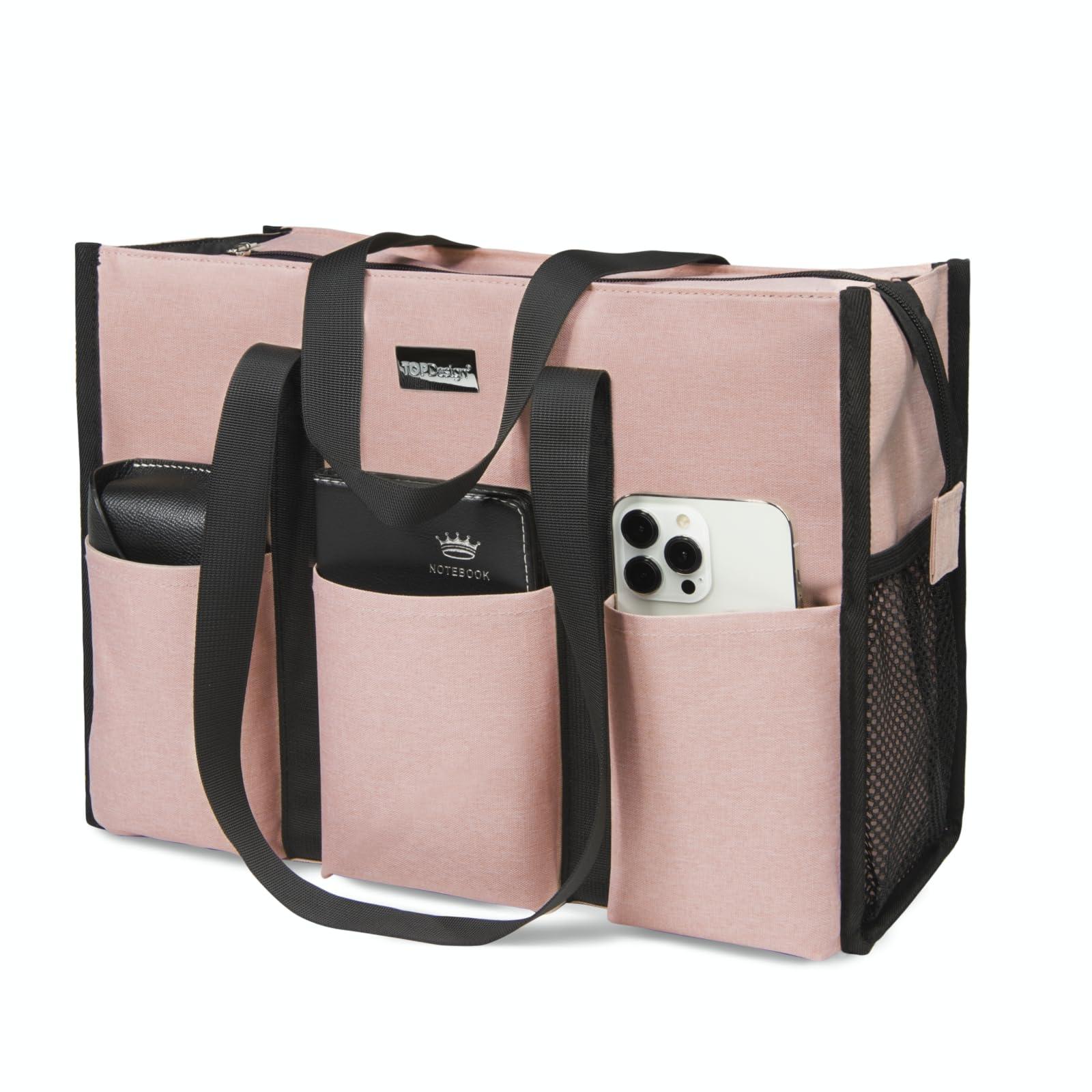 TOPDesign Utility Water Resistant Tote Bag with 13 pockets, pink, shown with items inside
