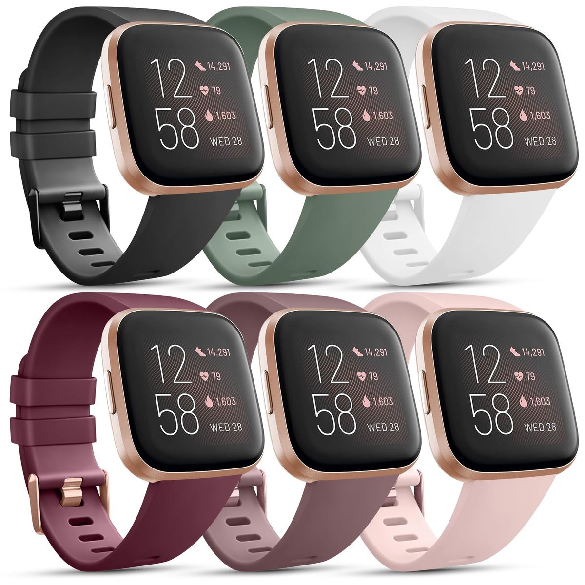 A colorful multi-pack of silicone watch bands for Fitbit Versa 2