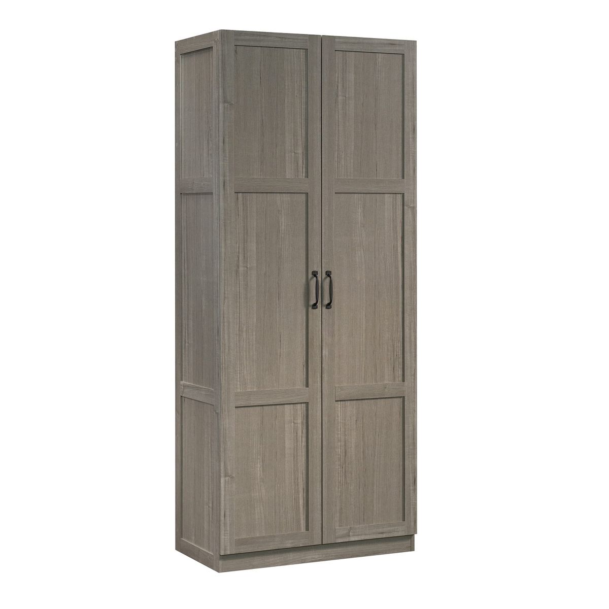Sauder Select 71" Storage Cabinet in Silver Sycamore against a white wall