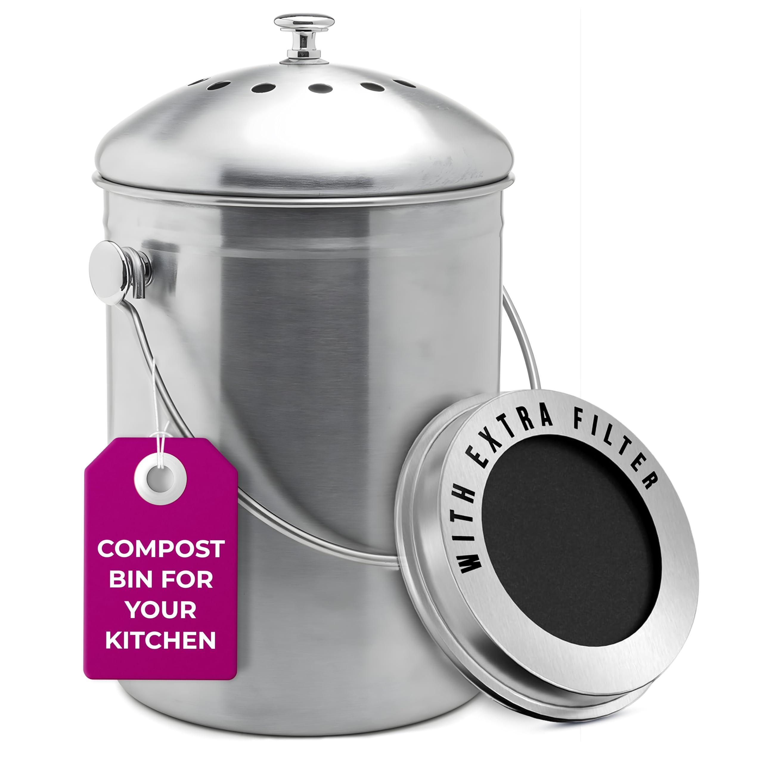 Epica Countertop Compost Bin in stainless steel on kitchen counter