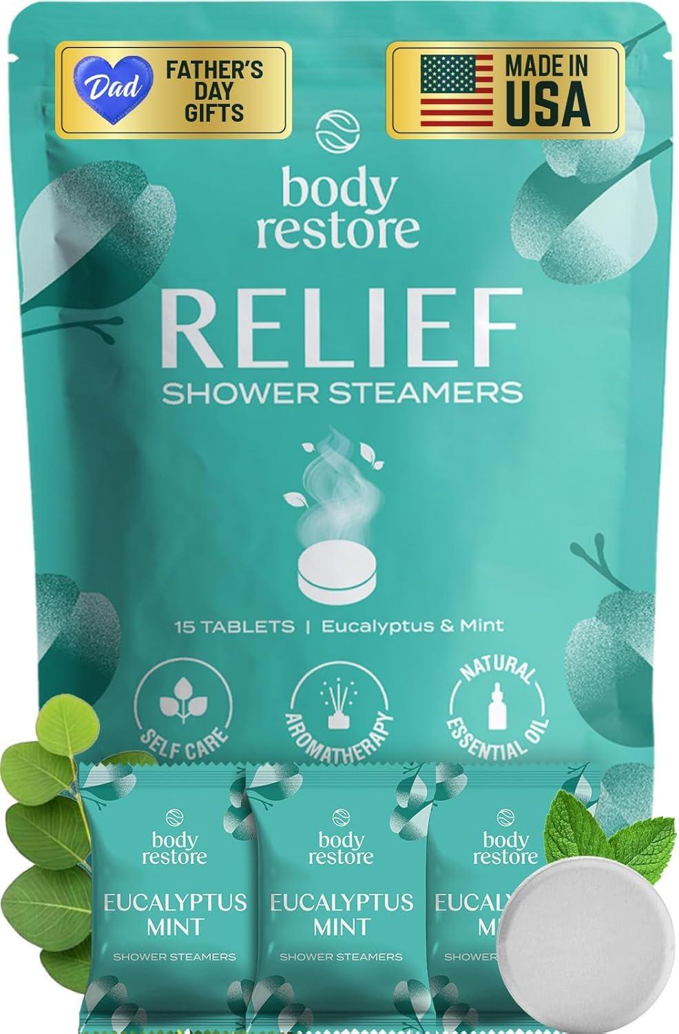 Body Restore Shower Steamers Aromatherapy 15 Pack displayed in box alongside individual steamers