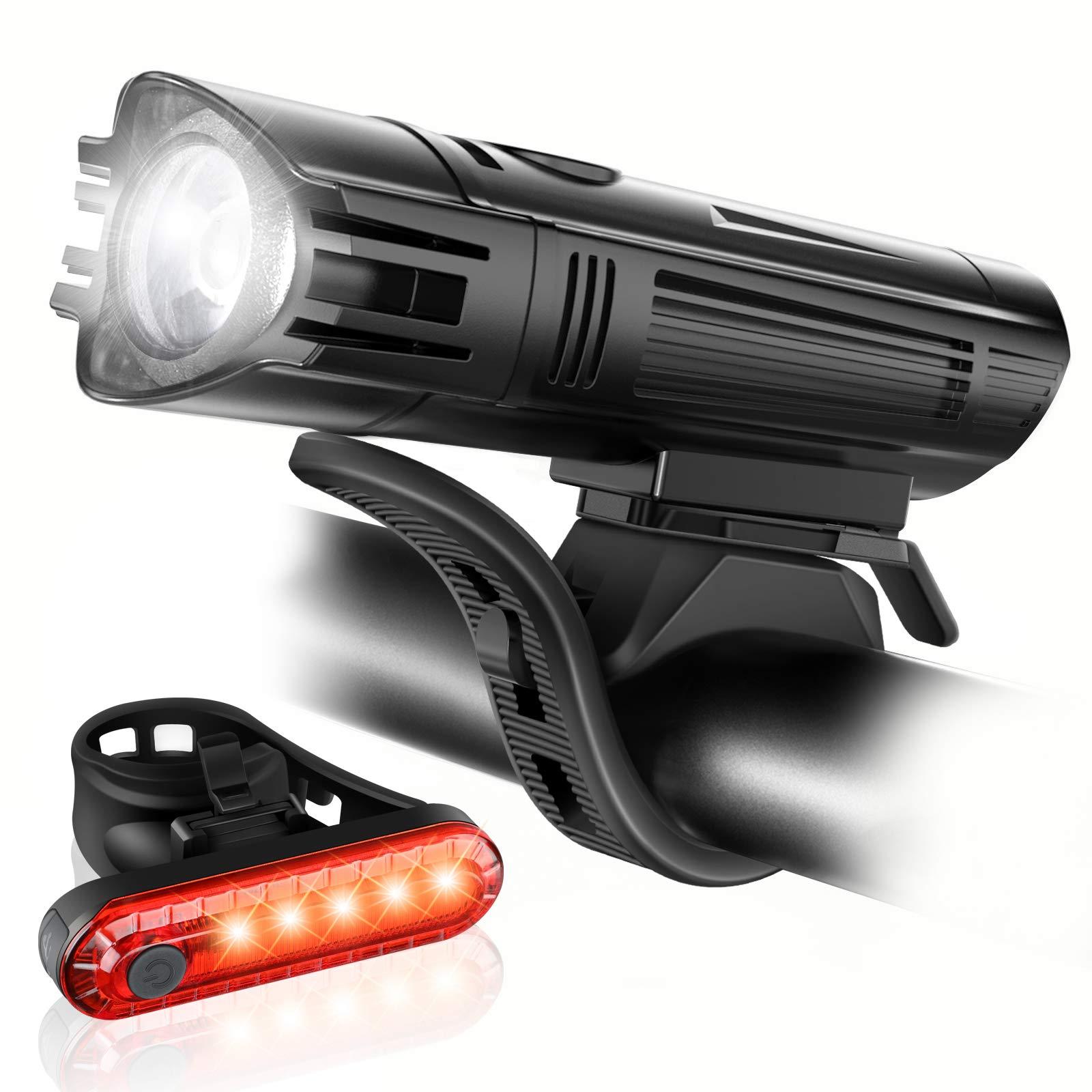 Ascher Ultra Bright USB Rechargeable Bike Light Set front headlight and rear taillight on bicycle handlebar