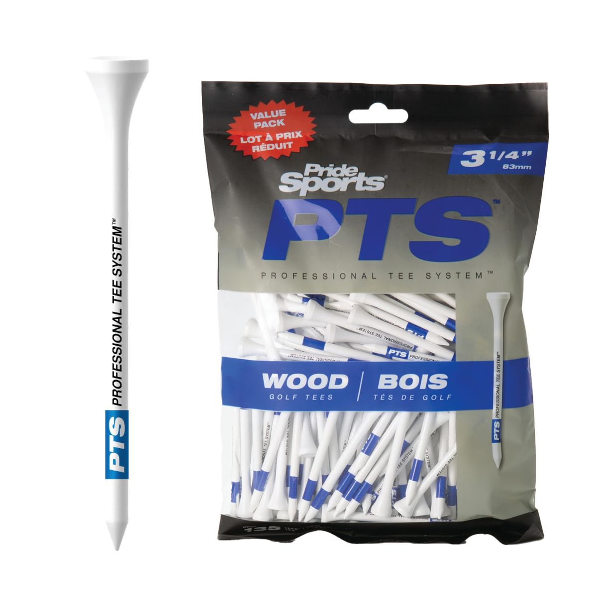 PrideSports PTS Wood Golf Tees – 135-count wood tees with #1 on tour badge, on a clean background
