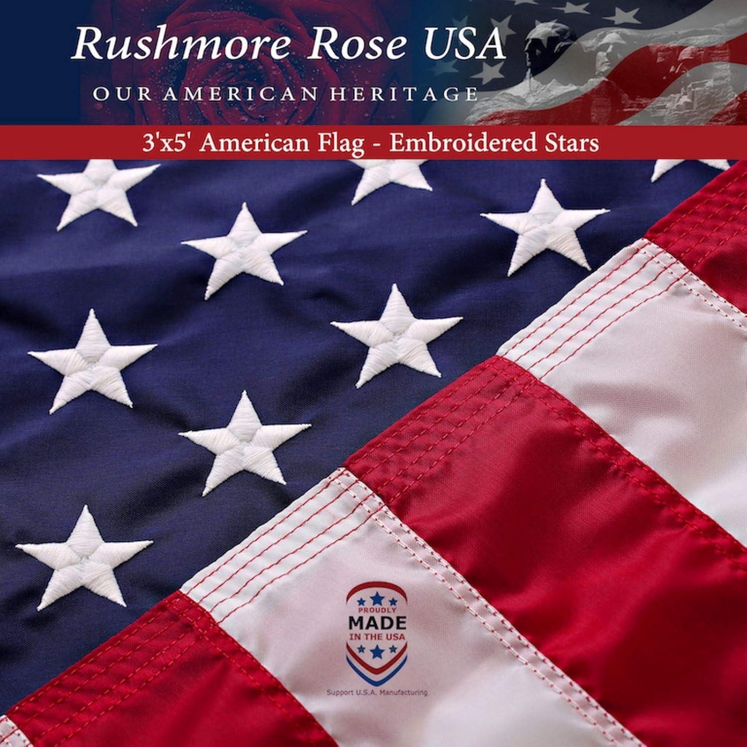 Rushmore Rose USA 3x5 American flag flying outdoors, embroidered stars and sewn stripes visible