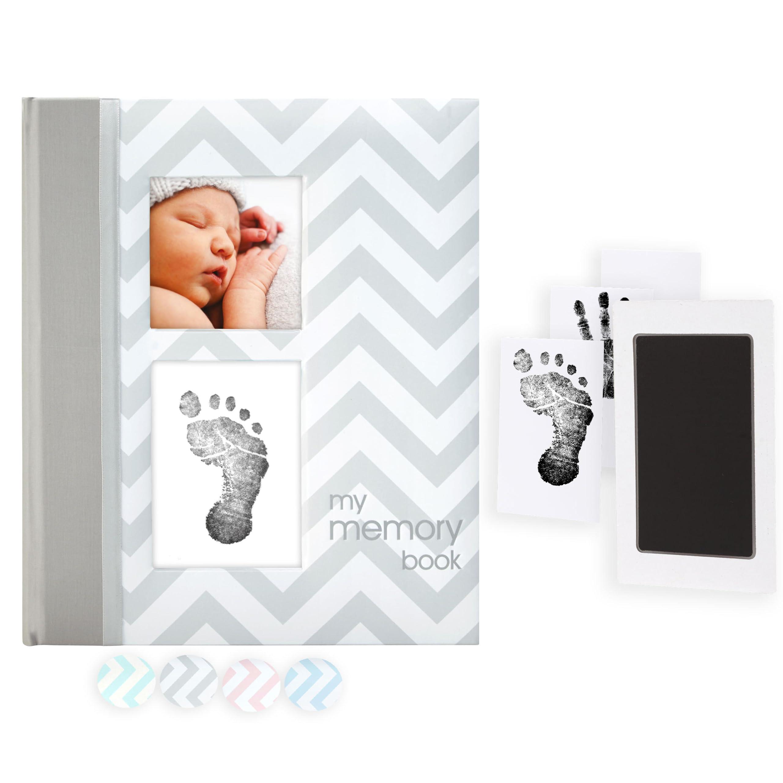 Pearhead Chevron Baby Memory Book with ink pad on a nursery shelf