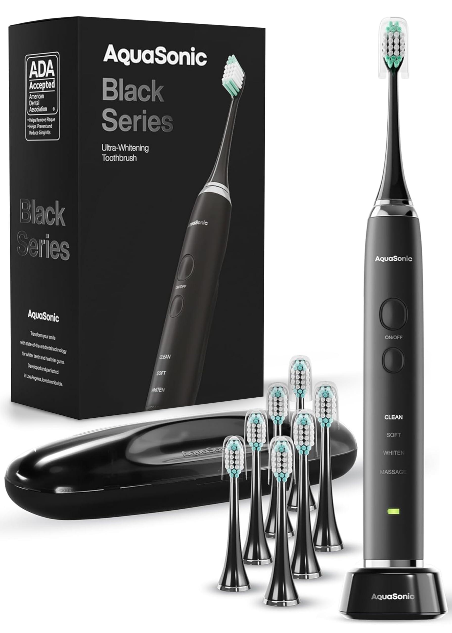 Aquasonic Black Series electric toothbrush with travel case and brush heads