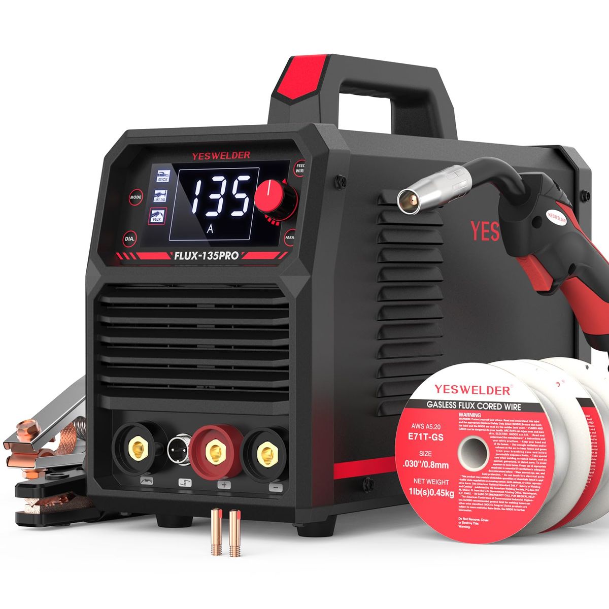 YESWELDER 135A MIG Welder, 3-in-1 flux core/gasless MIG, lift TIG, stick welding machine with LED display