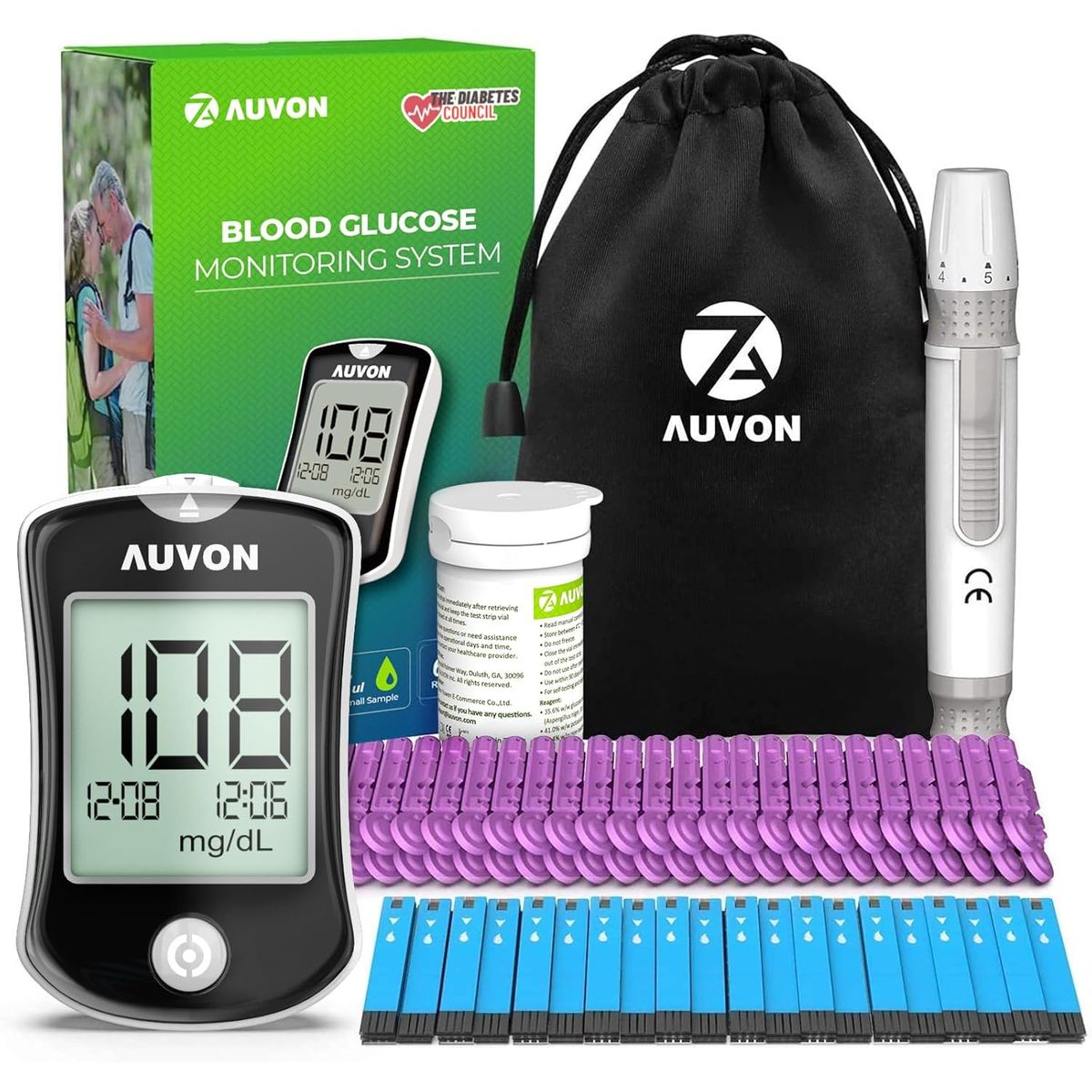 AUVON DS-W Blood Glucose Monitor Kit with lancing device and test strips on white background